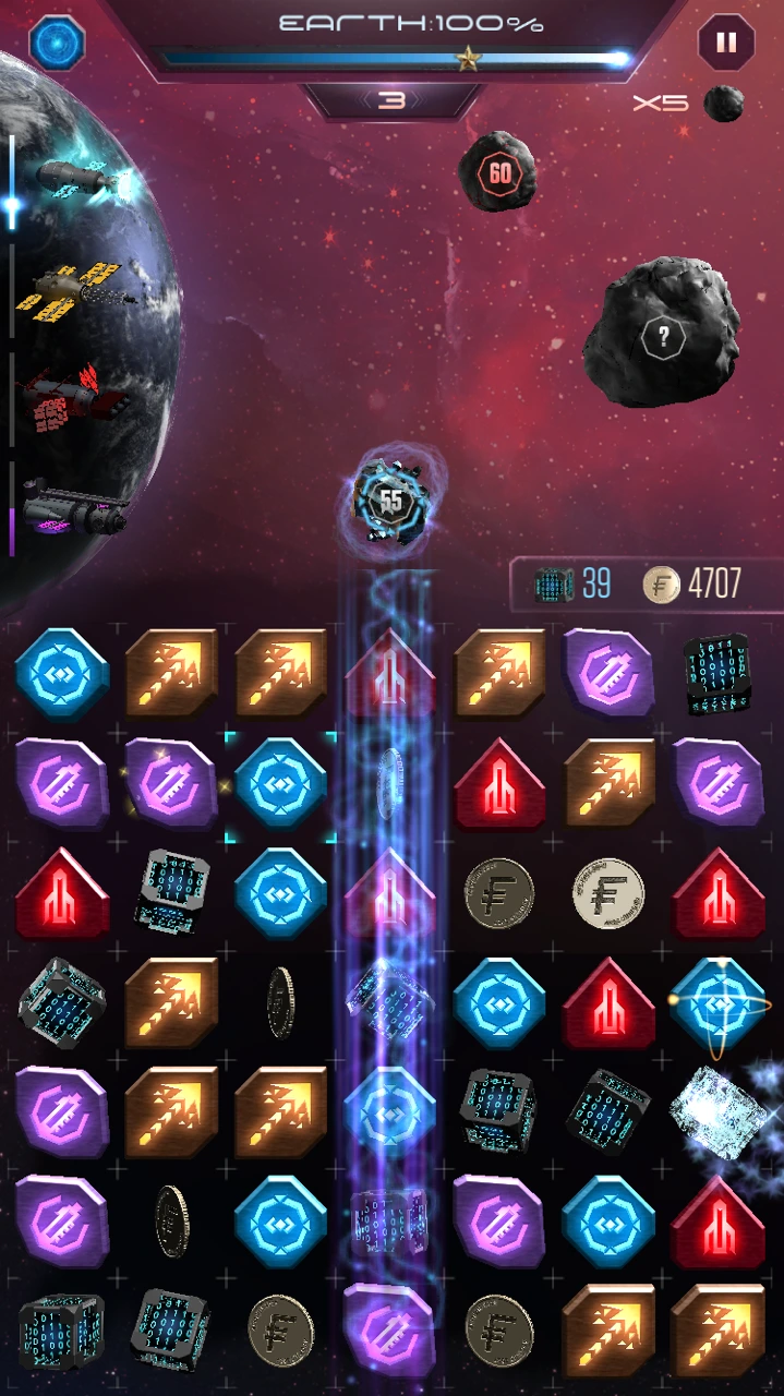 Apophis 2029 — July 2015 development build, with satellites defending Earth above the match-three board.