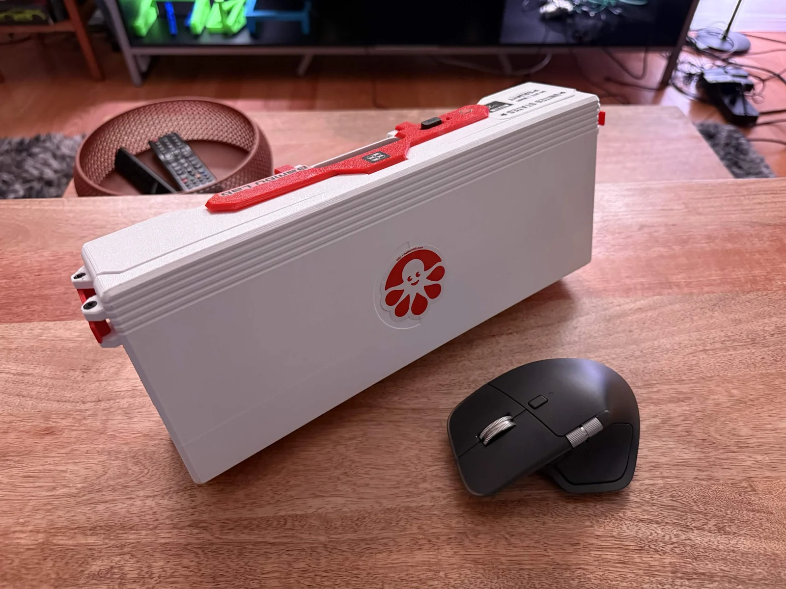 White and red cyberdeck folded closed for carrying.