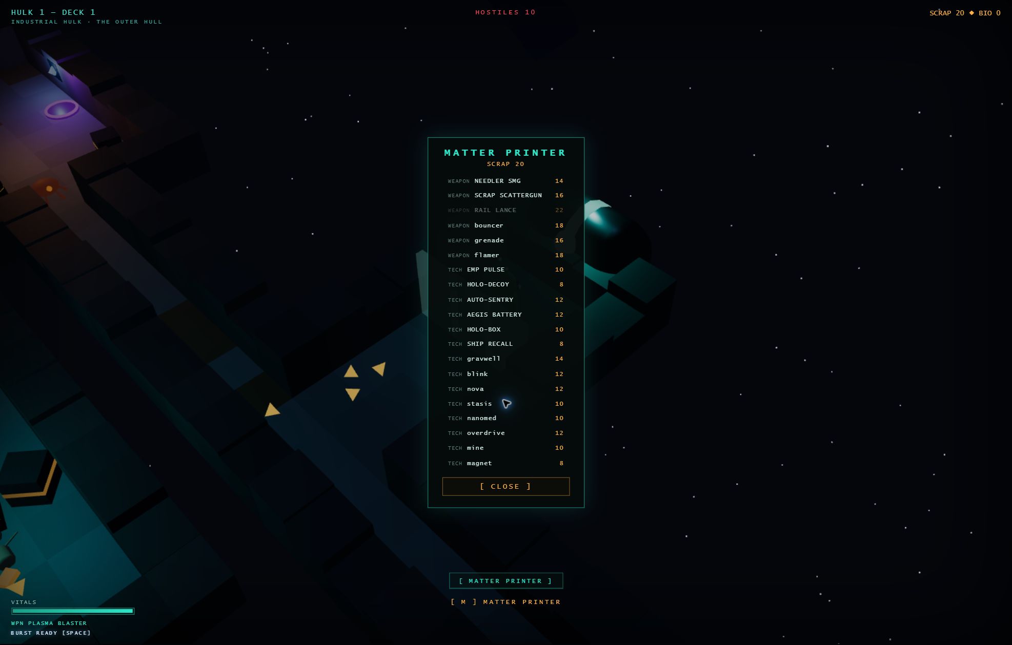 Derelict's matter printer offers weapons and technology in exchange for salvaged scrap.
