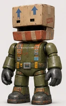 PlunderPit character concept with a cardboard-box helmet and olive suit.