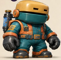 PlunderPit character concept with a yellow helmet, teal suit, and orange gear.