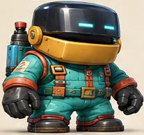 PlunderPit character concept with a dark visor and teal suit.