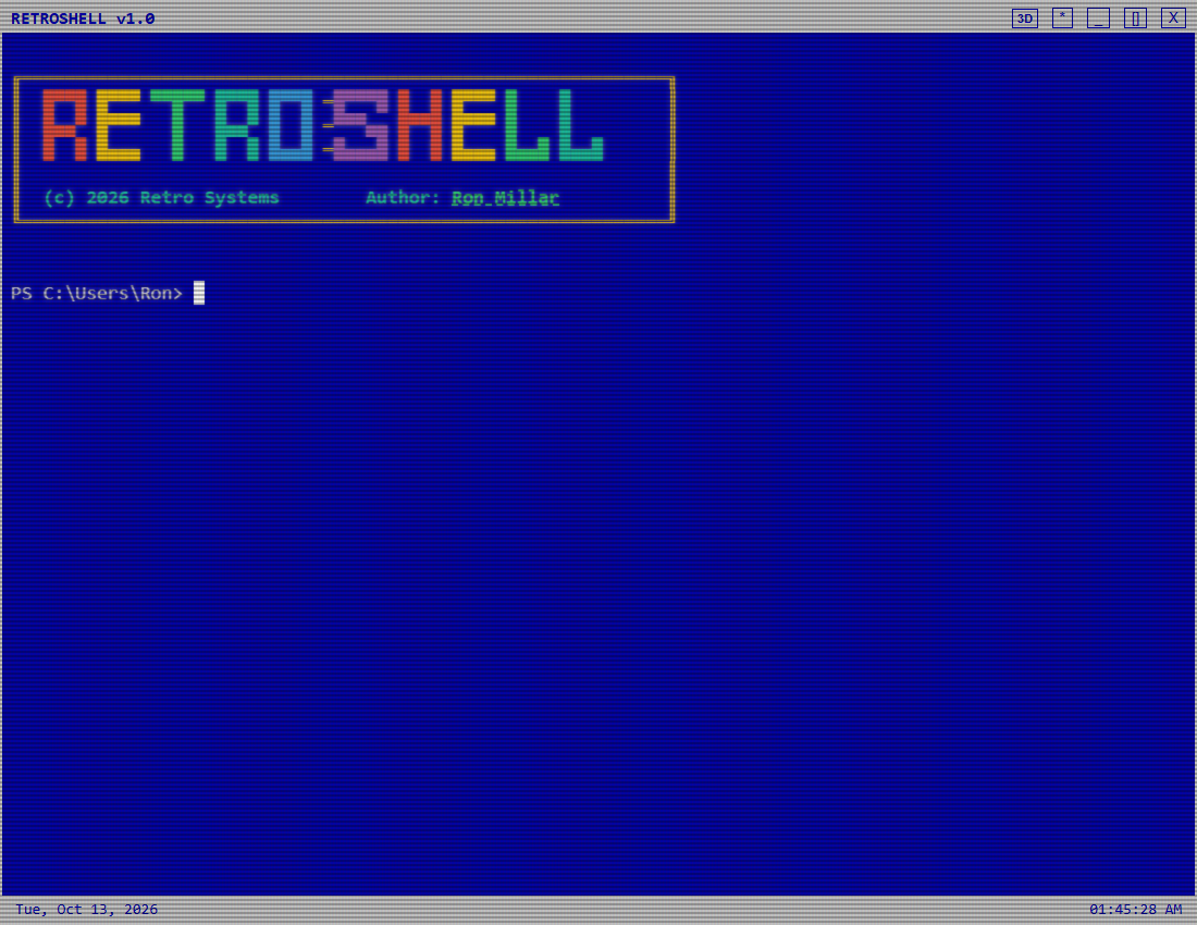 DOS Blue theme with CRT scanlines and a live PowerShell prompt.