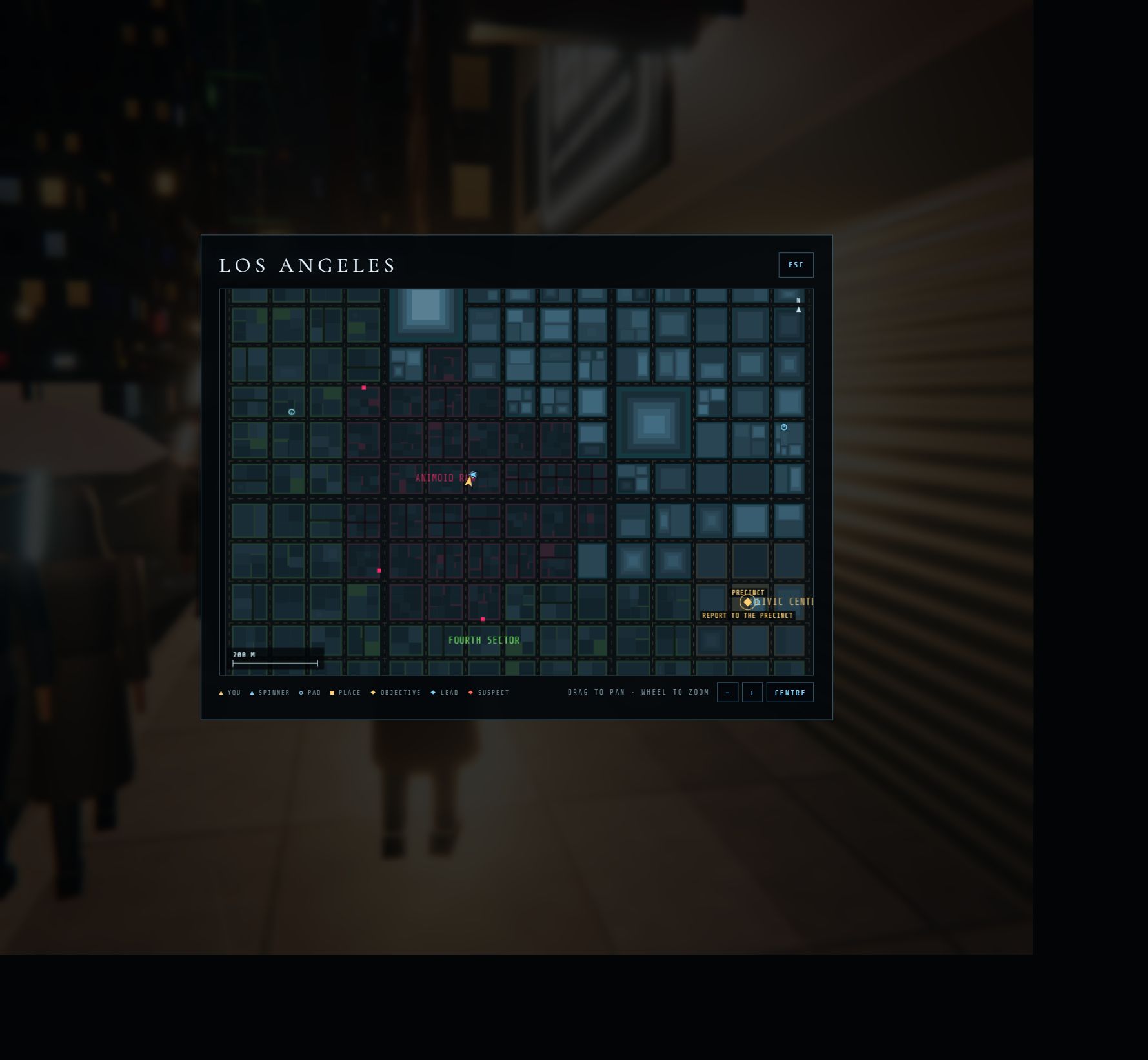 Spinner city map with district streets, landmarks, and navigation markers.