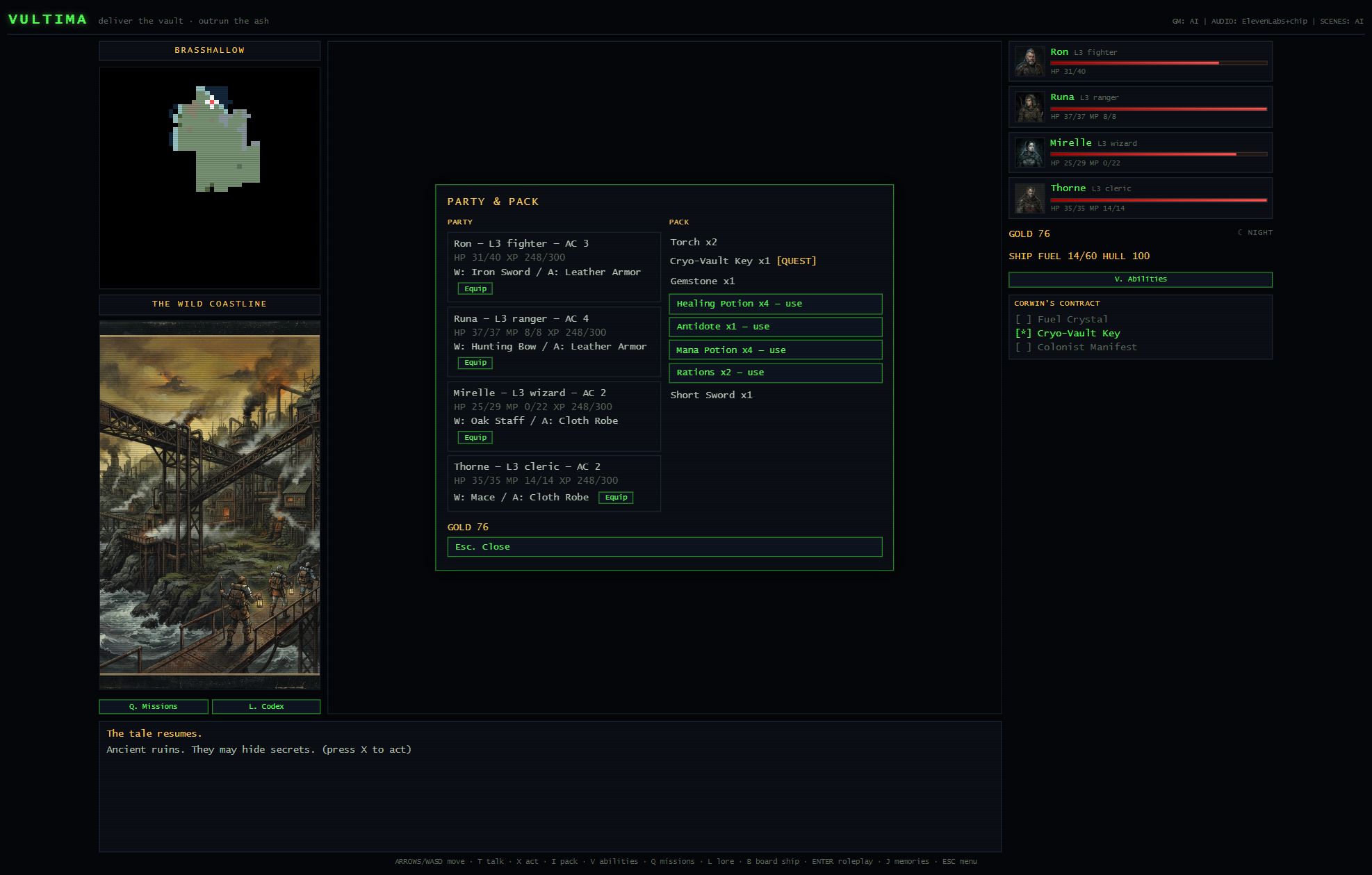 Vultima's party and pack screen shows character equipment, supplies, and quest items.