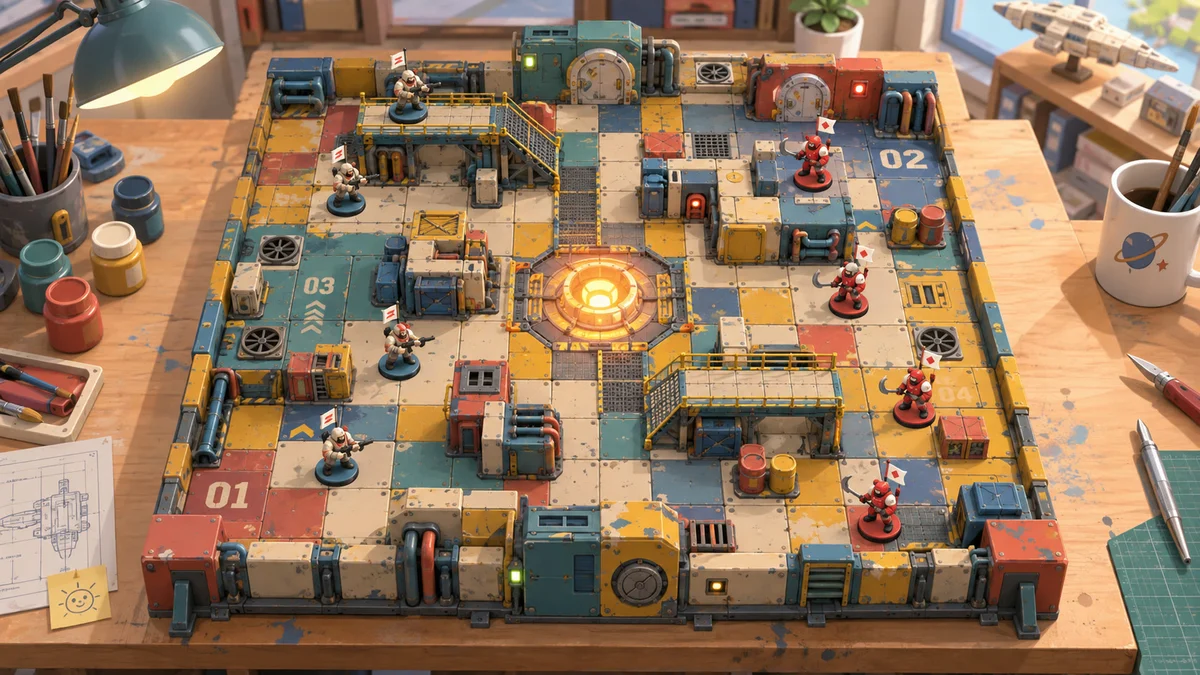 BattleCrew visual-development concept of a painted tabletop skirmish diorama