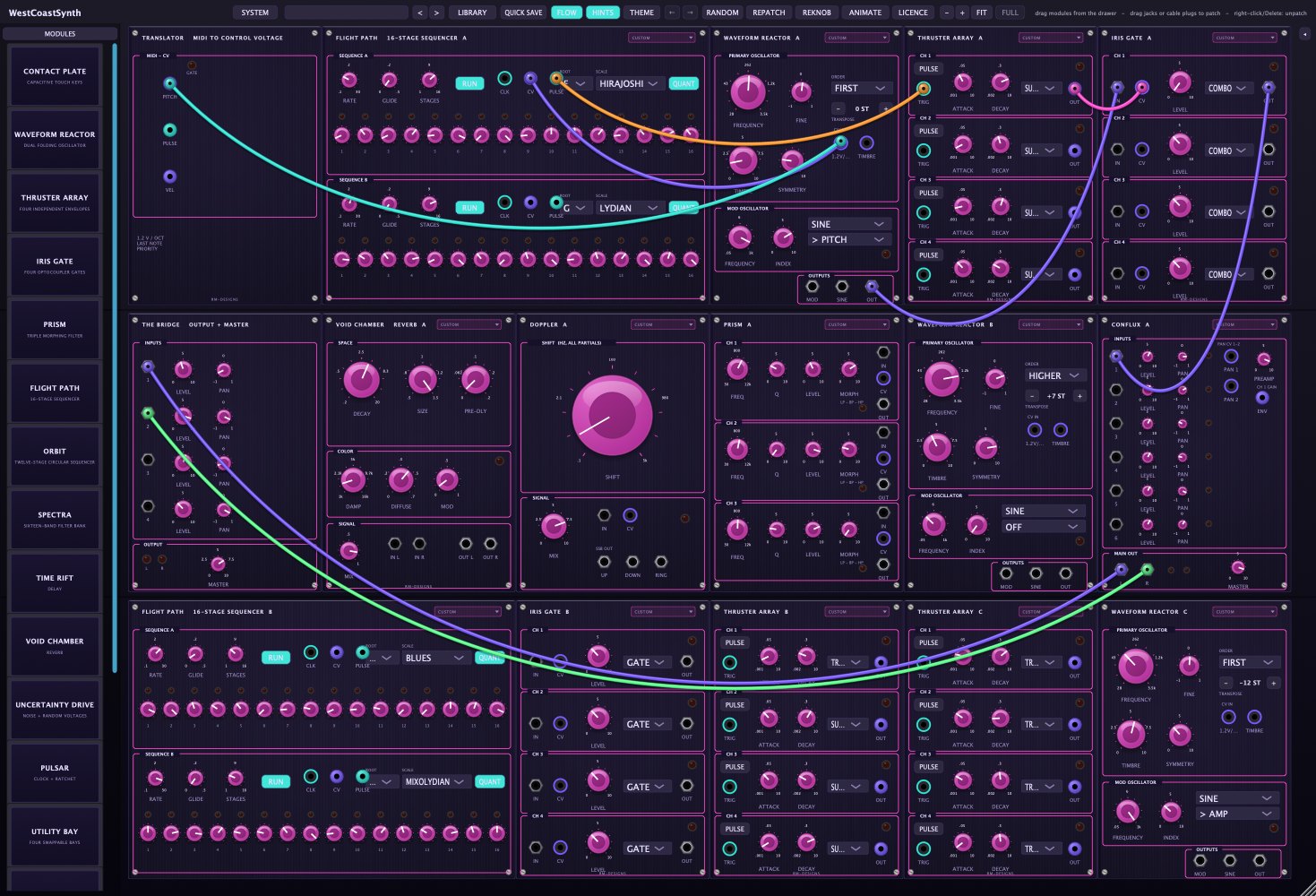 WestCoastSynth modular synthesizer with a module browser, purple controls, and colorful patch cables