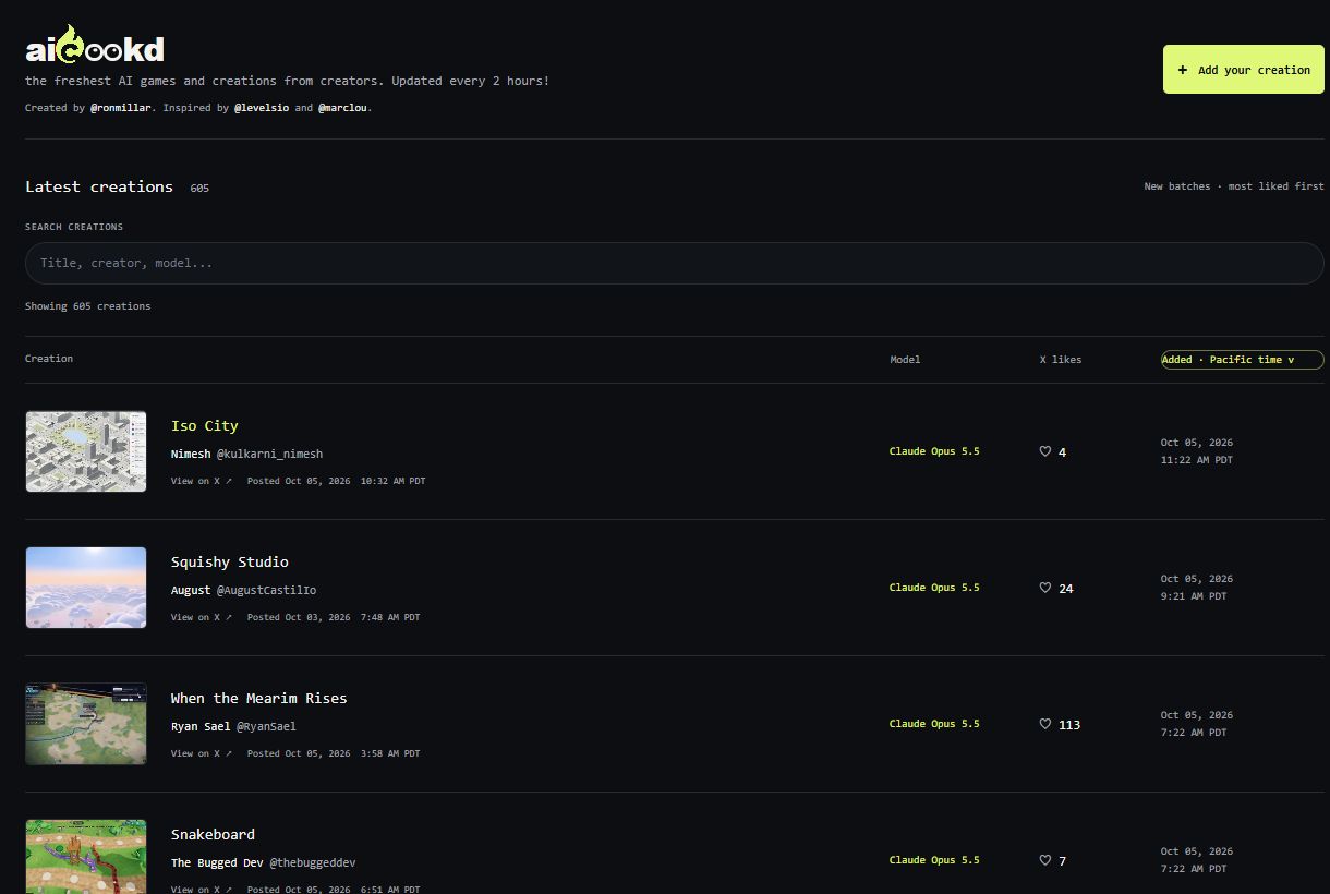AICookd discovery feed with its flame-and-eyes branding, search, and creator projects