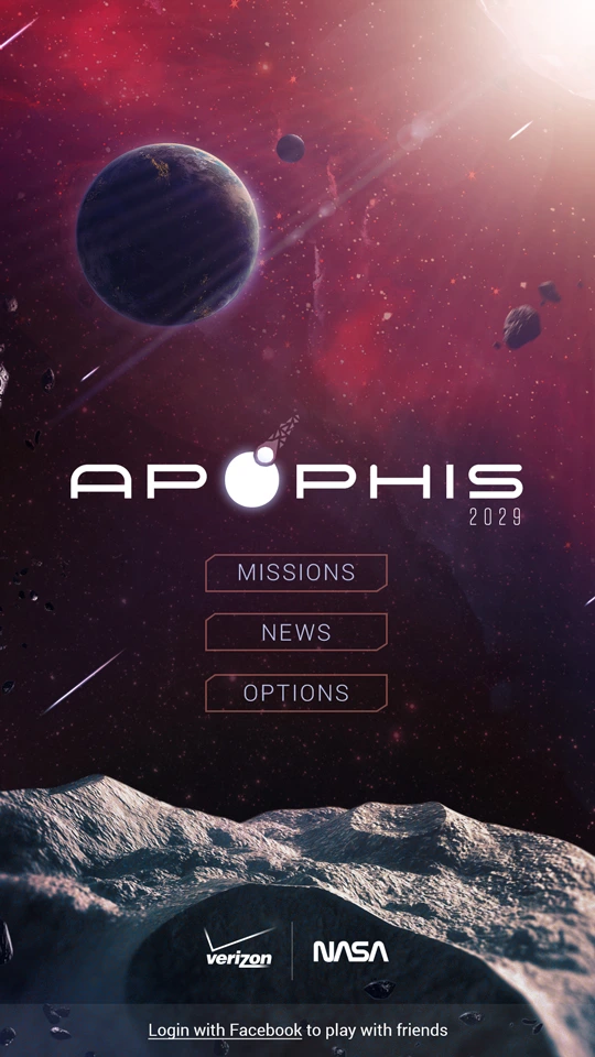 Apophis  title screen with its logo, Earth, and asteroids