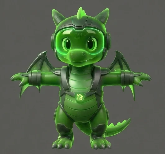 Nilo’s green AstroDragon mascot, front view