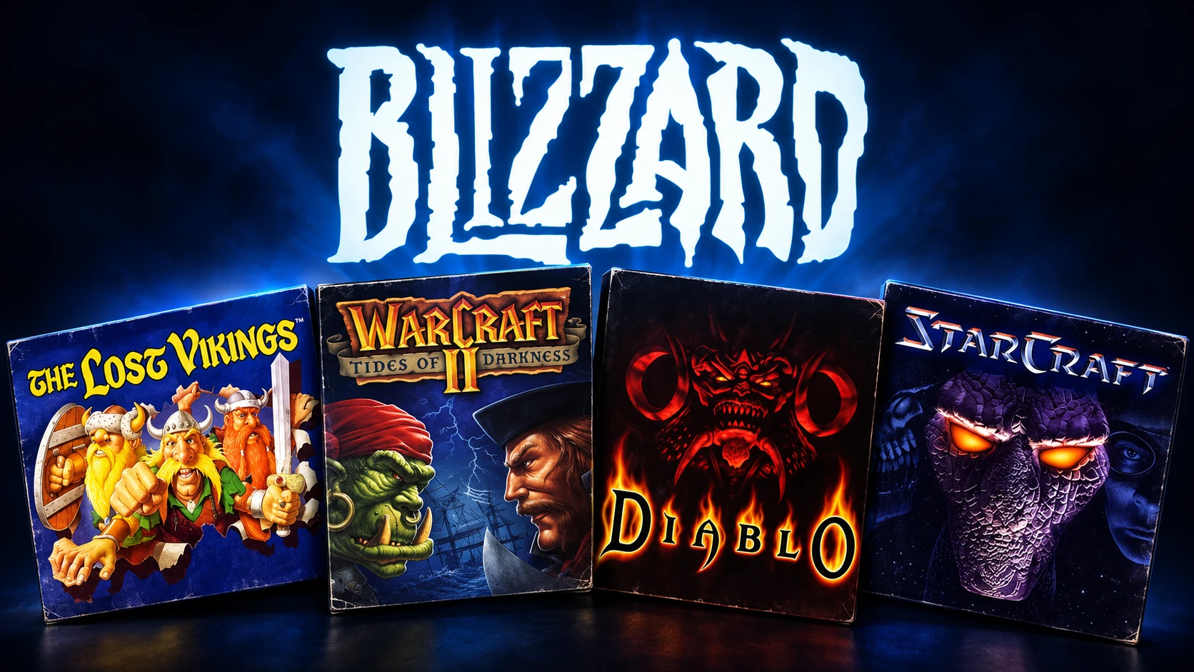 Blizzard logo above fanned game boxes for The Lost Vikings, Warcraft II, Diablo, and StarCraft
