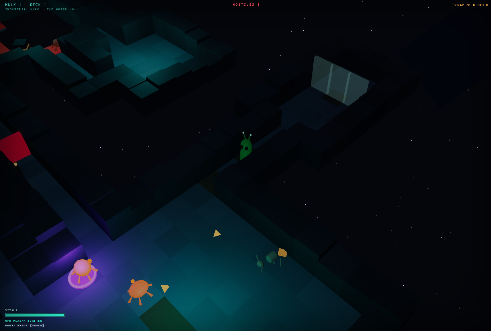 Derelict gameplay aboard an industrial space hulk, with the scavenger, hostile creatures, and illuminated corridors.