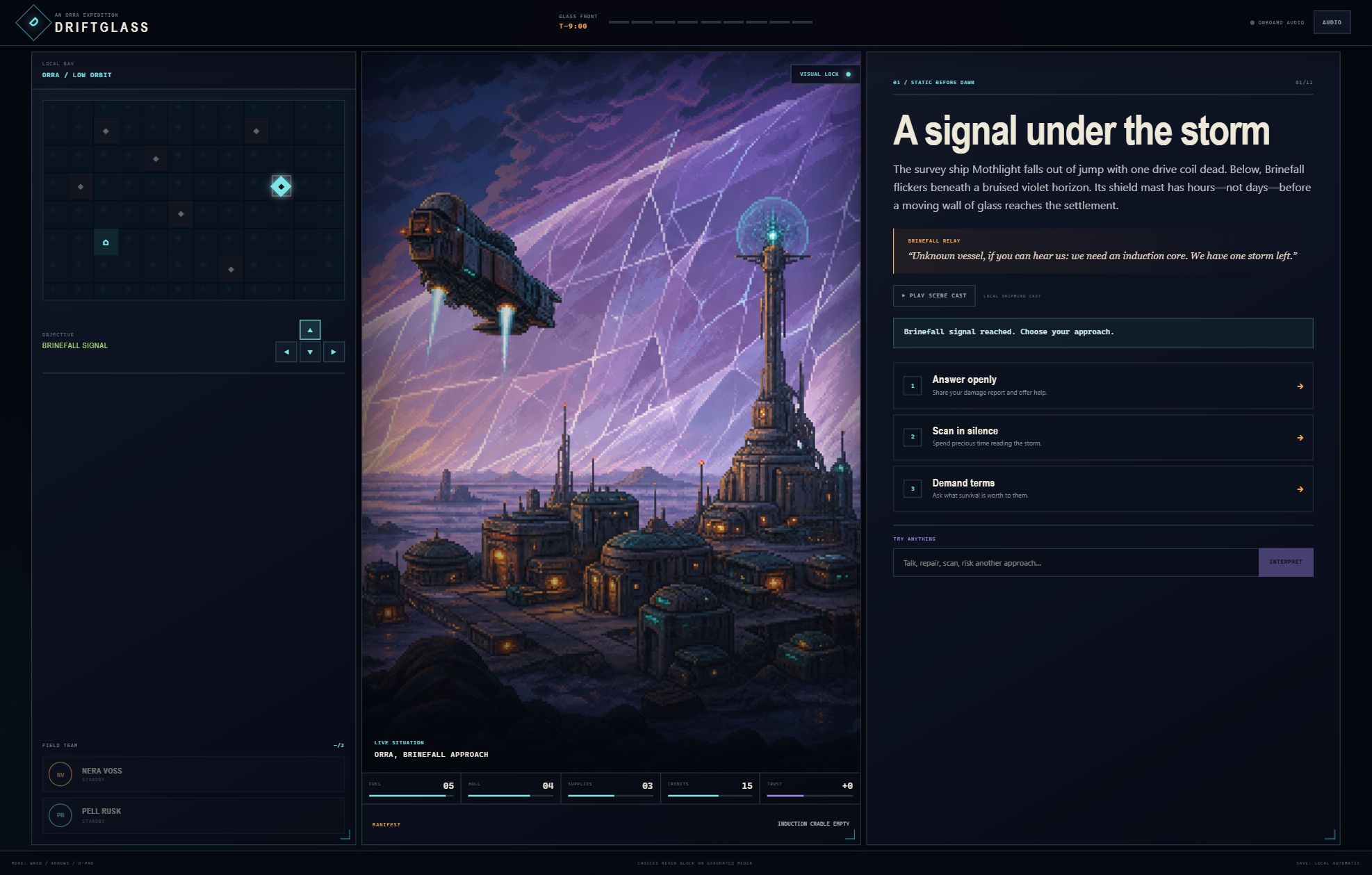 Driftglass's Brinefall signal encounter, combining navigation, illustrated scenery, and story choices.