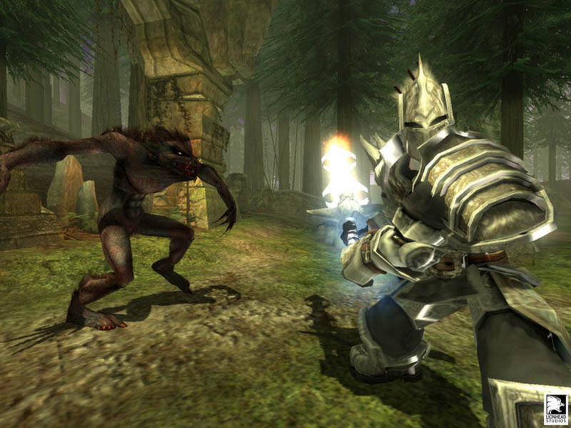 Fable gameplay: an armored hero facing a creature in a forest