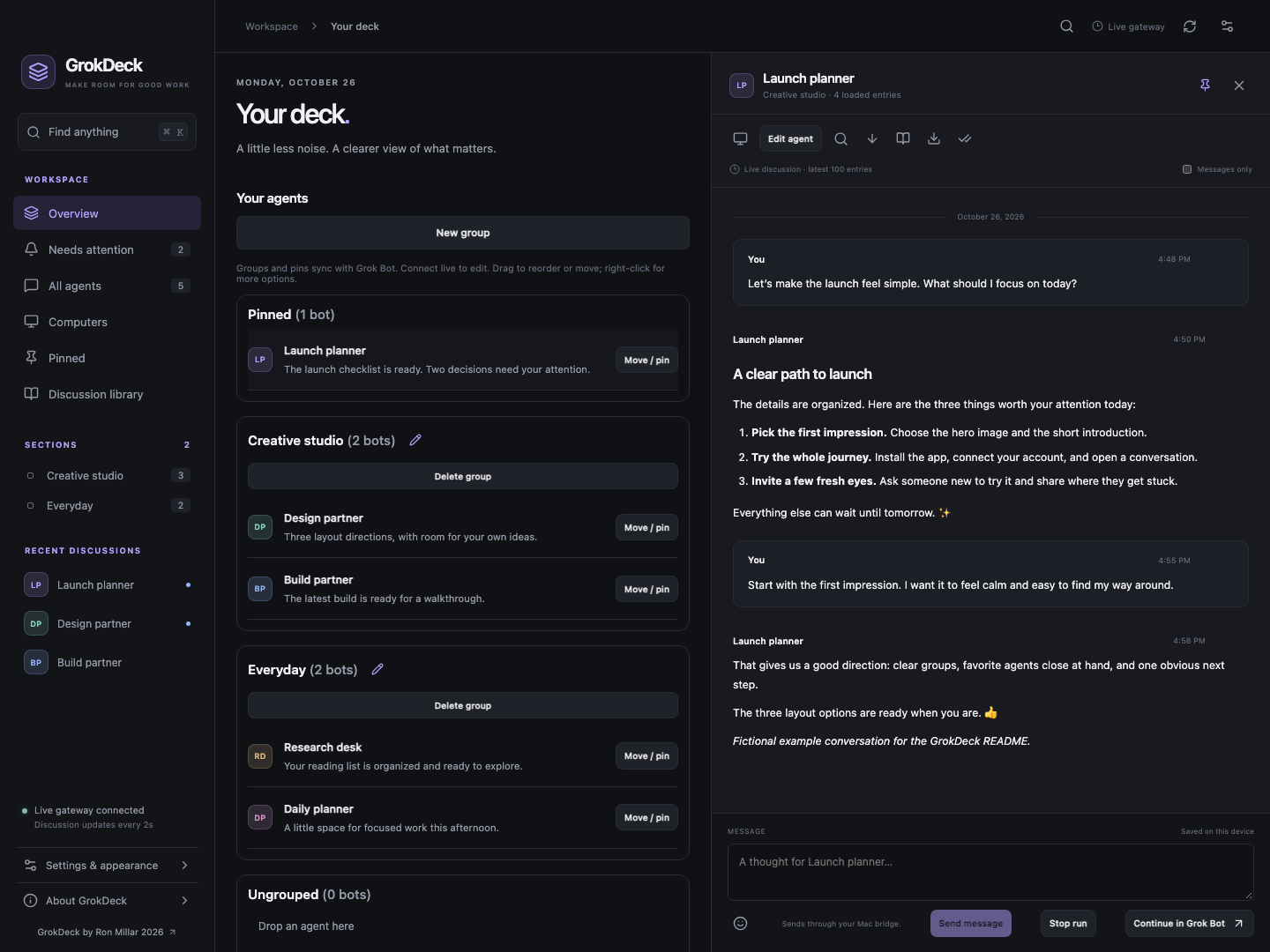 GrokDeck conversation view with a fictional Launch planner agent, message history, agent toolbar, and composer.