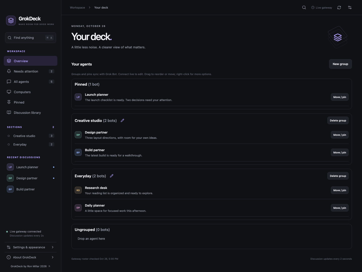 GrokDeck overview with pinned favorite agents and agents organized into groups in a dark workspace.