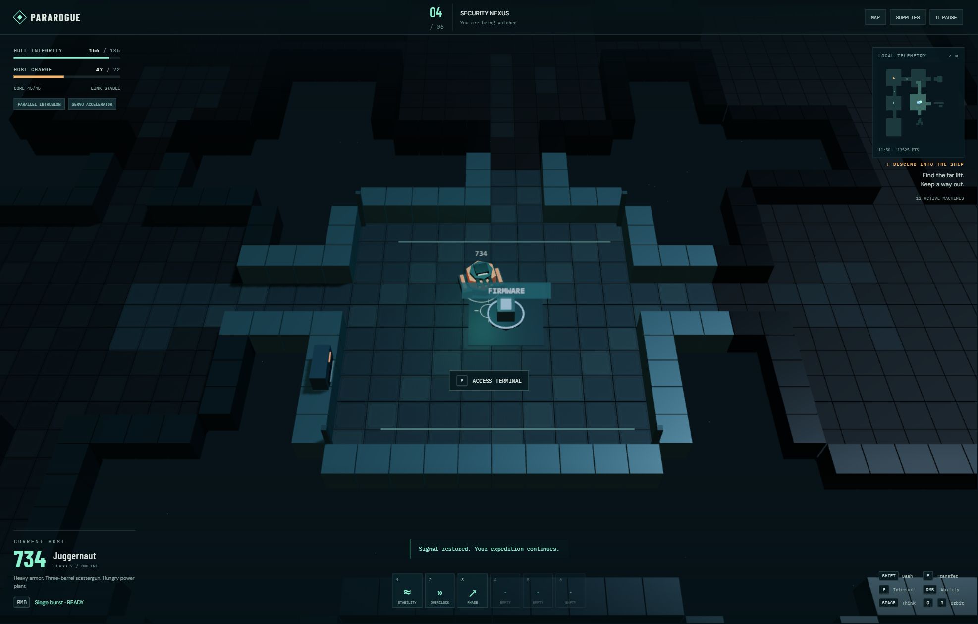 Pararogue's Security Nexus deck, with a Juggernaut host beside a firmware terminal.