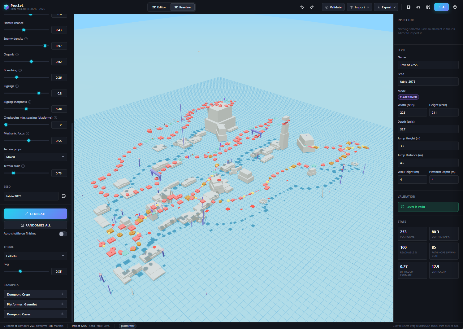 ProcLvL's colorful 3D level overview with branching platform routes, generation controls, and validation statistics.