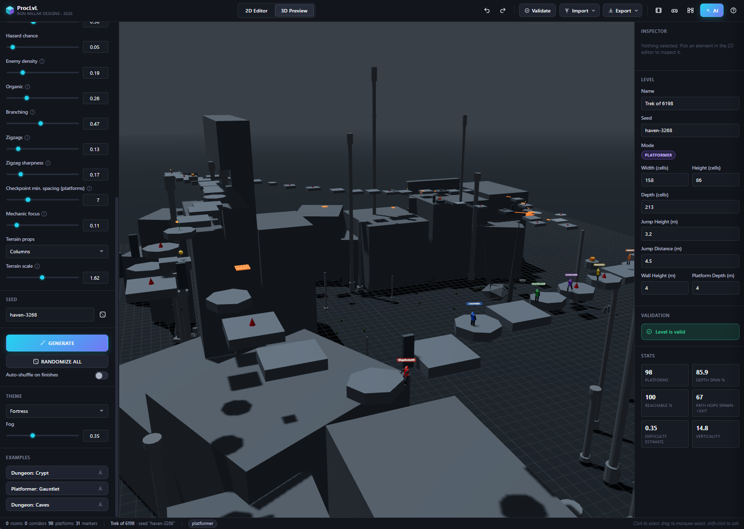 ProcLvL Fortress theme showing a generated platform course with tall columns and character markers.