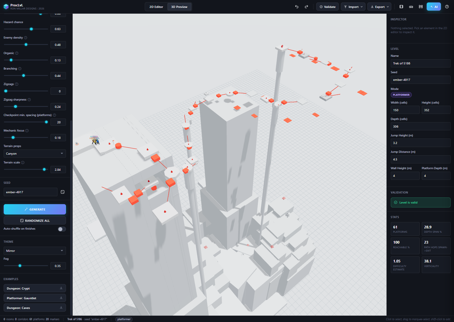 ProcLvL Mirror theme showing a vertical canyon course with white platforms and orange hazards.