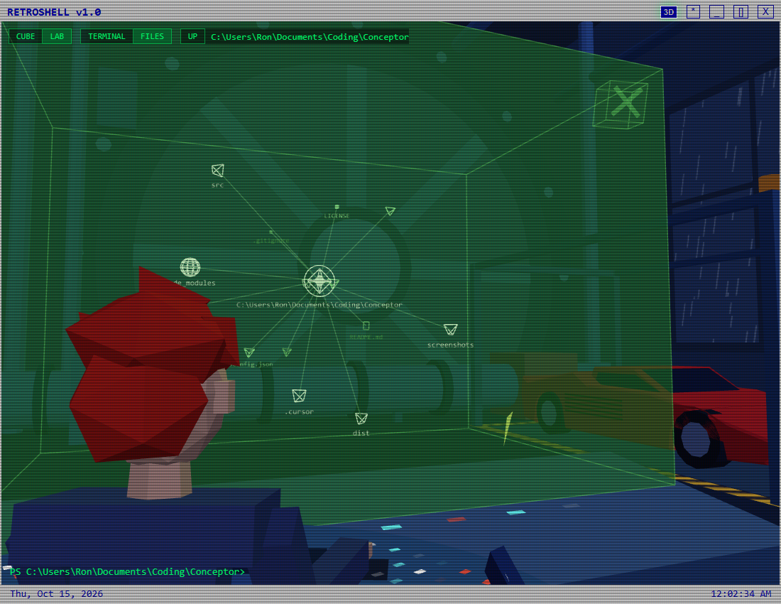 RetroShell lab mode with a floating file graph on the scientist’s green display.