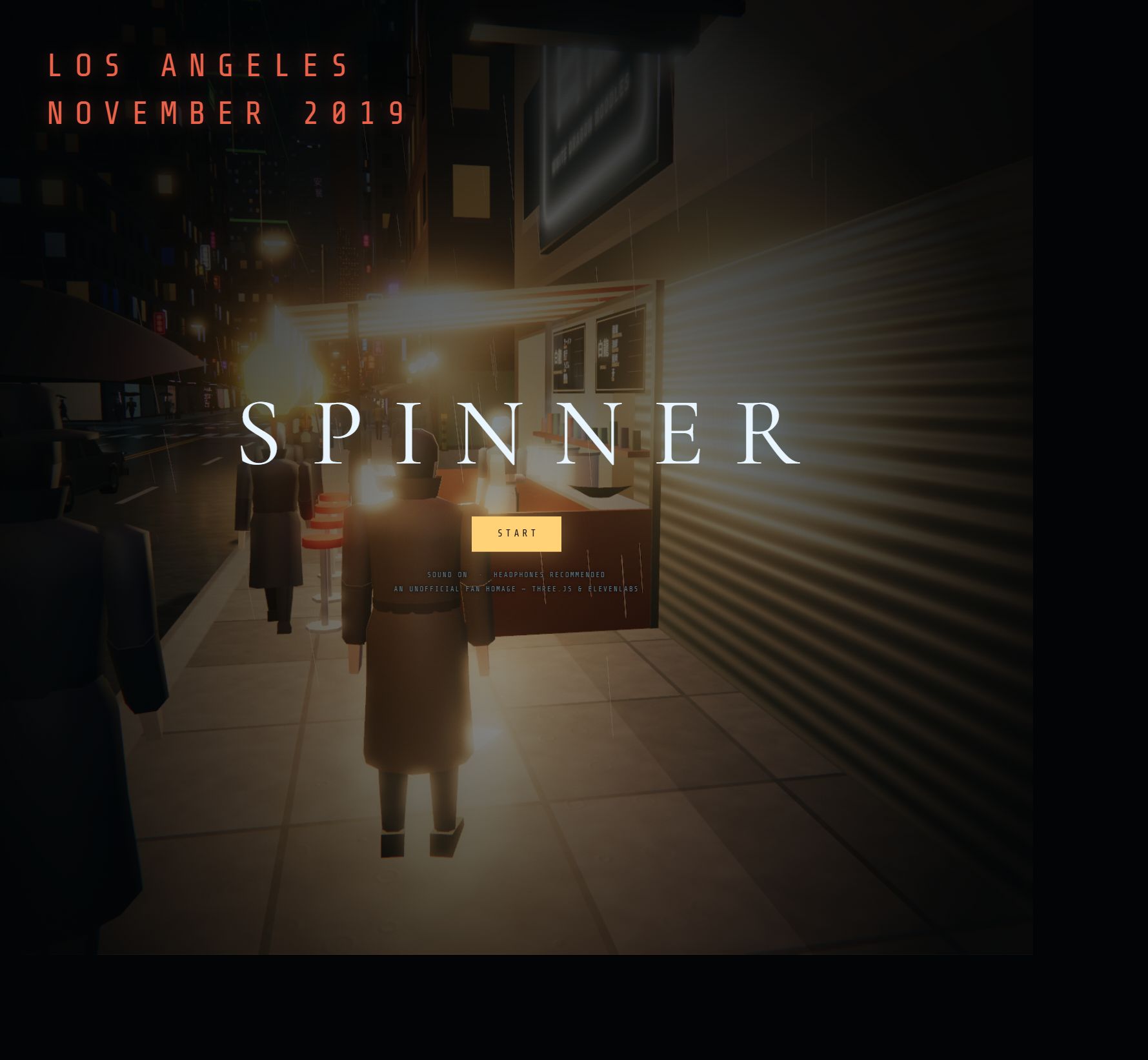 Spinner title screen over a rain-soaked neon street and noodle stall.