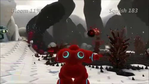 Squishbot’s red character exploring an interactive landscape