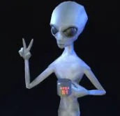 The alien avatar Ron used in VRChat.