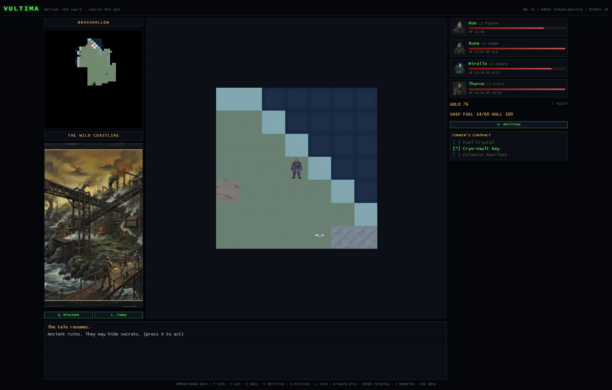 Vultima's Brasshallow coastline, with the exploration map, illustrated scenery, party, and quest tracker.