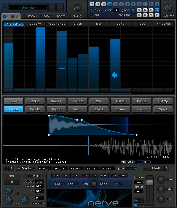 Xfer Nerve drum instrument interface with step sequencer, drum pads, and sound controls