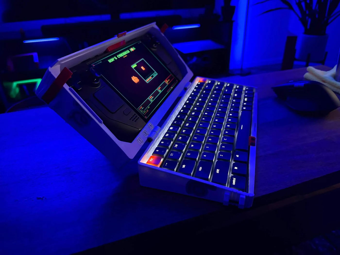 White cyberdeck running Ron's launcher in a blue-lit room