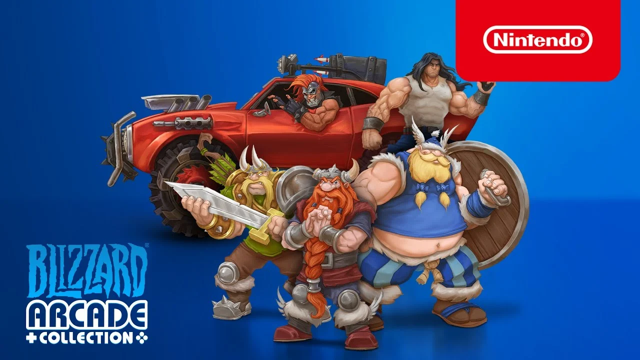 The Lost Vikings, Rock n’ Roll Racing, and Blackthorne — early Blizzard games, shown in the Arcade Collection trailer artwork.