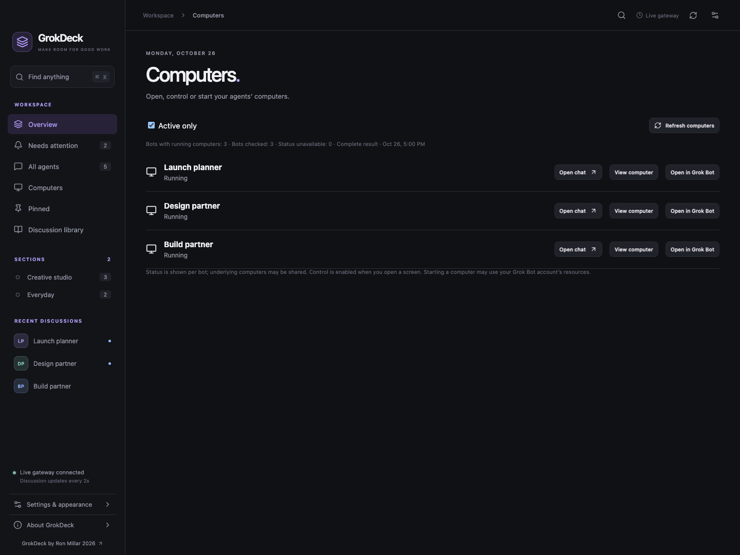 GrokDeck Computers view listing fictional running agents with actions to open a chat or view their computer.