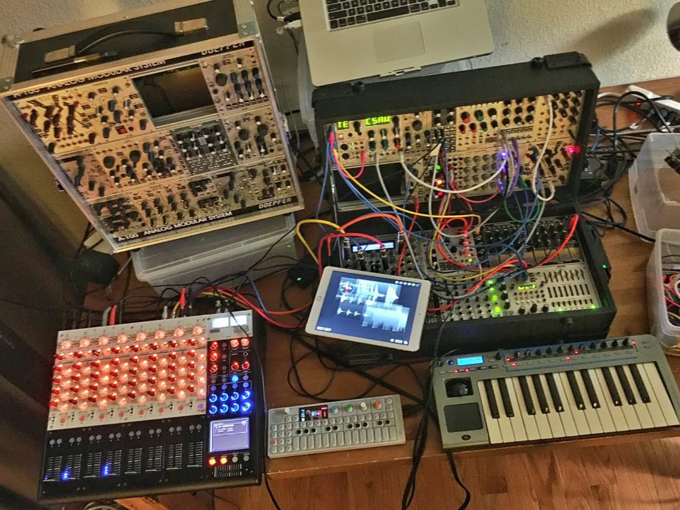 An overhead view of Ron’s modular systems, sequencers, and keyboard.