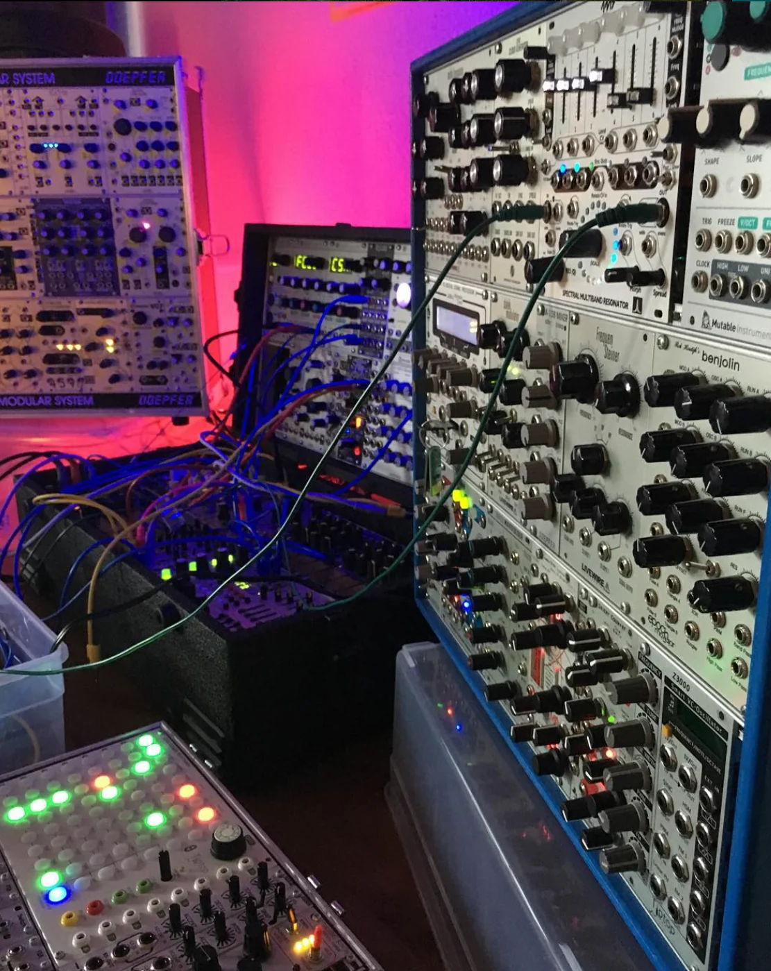 Ron’s hardware modular synthesizer racks and patch cables