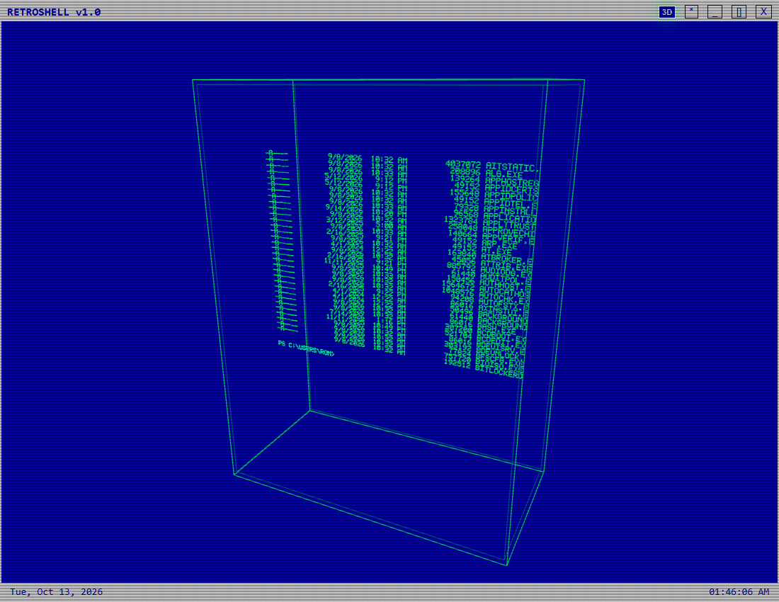 The live terminal rendered inside a rotating holographic wireframe cube.